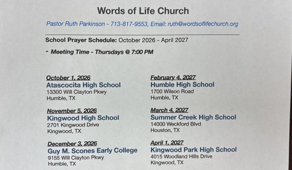 Area Events wordsoflifeschoolprayer2026